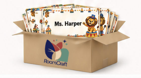 Professionally printed personalized classroom set packed in a RoomCraft delivery box