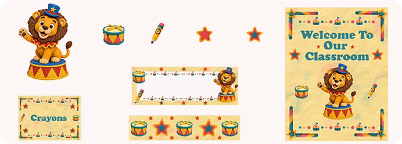 Coordinated circus classroom decor set with a lion welcome poster, classroom label, bulletin board header, border, and matching accents