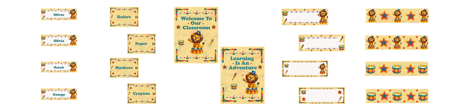 Coordinated Circus Lion name plates, labels, posters, headers, and borders