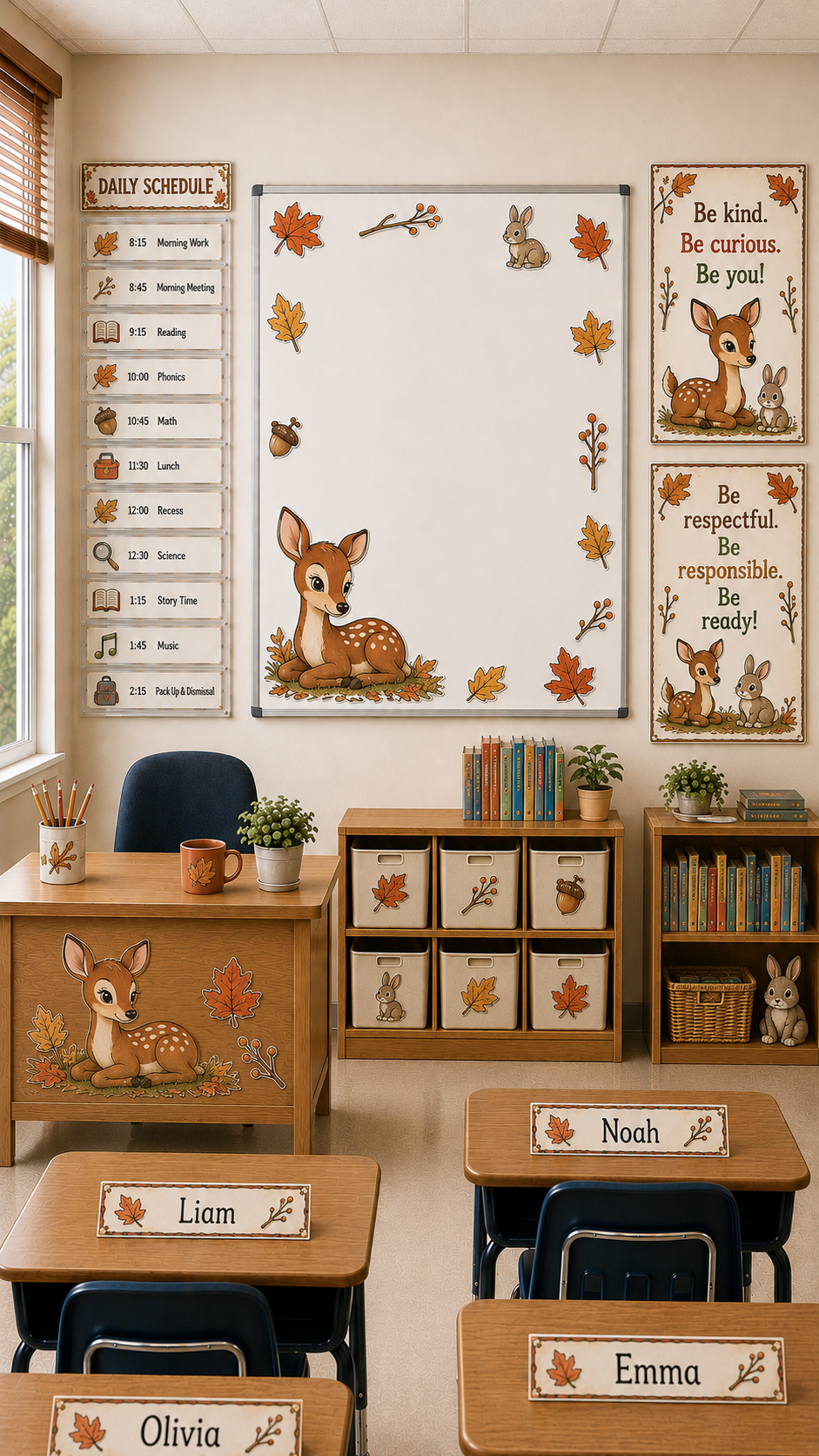 Finished classroom with woodland deer decor