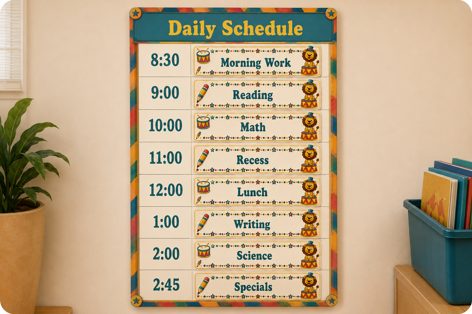Circus-themed classroom daily schedule with coordinated subject cards