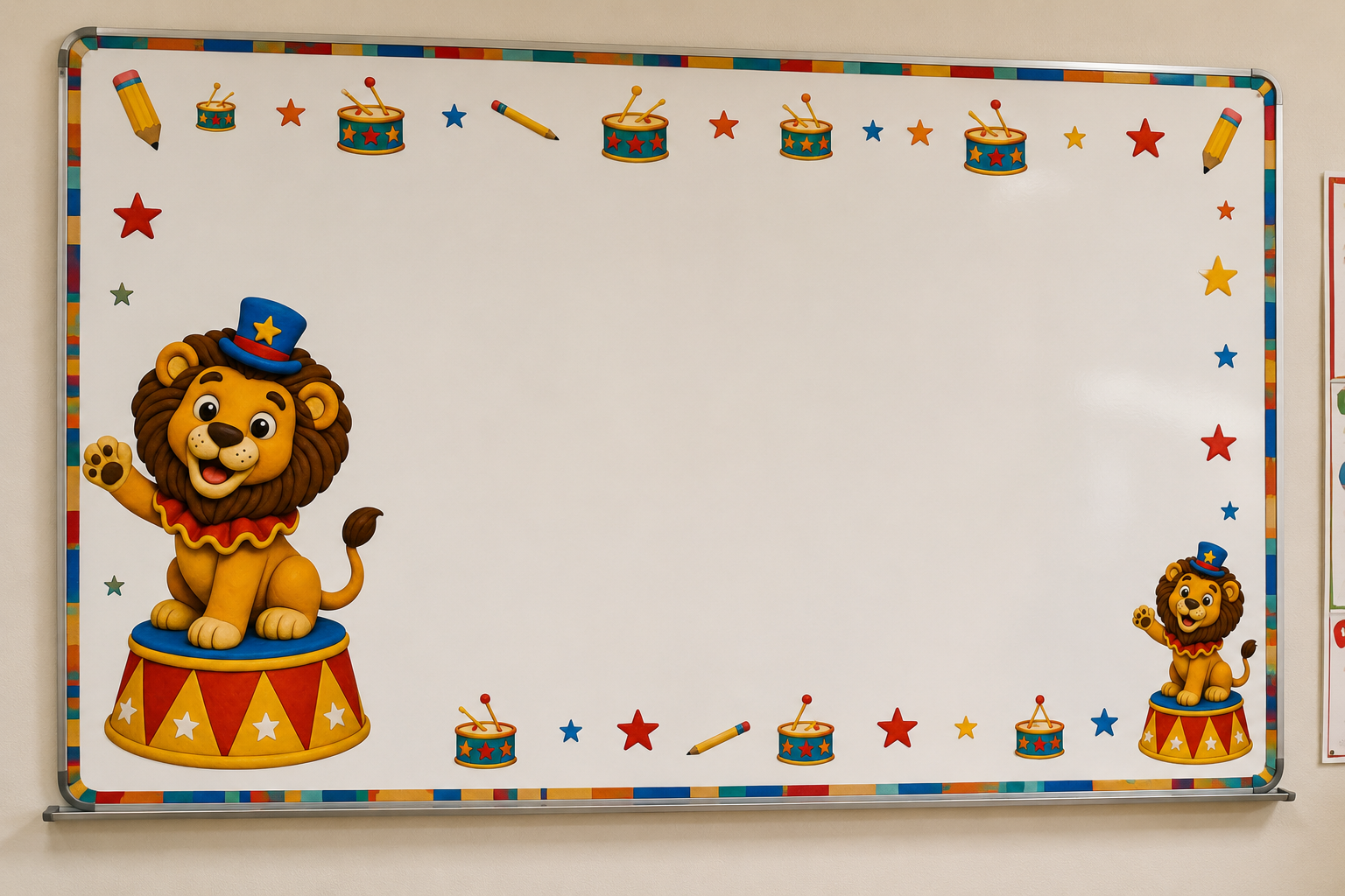 RoomCraft circus-themed bulletin board at the front of a classroom