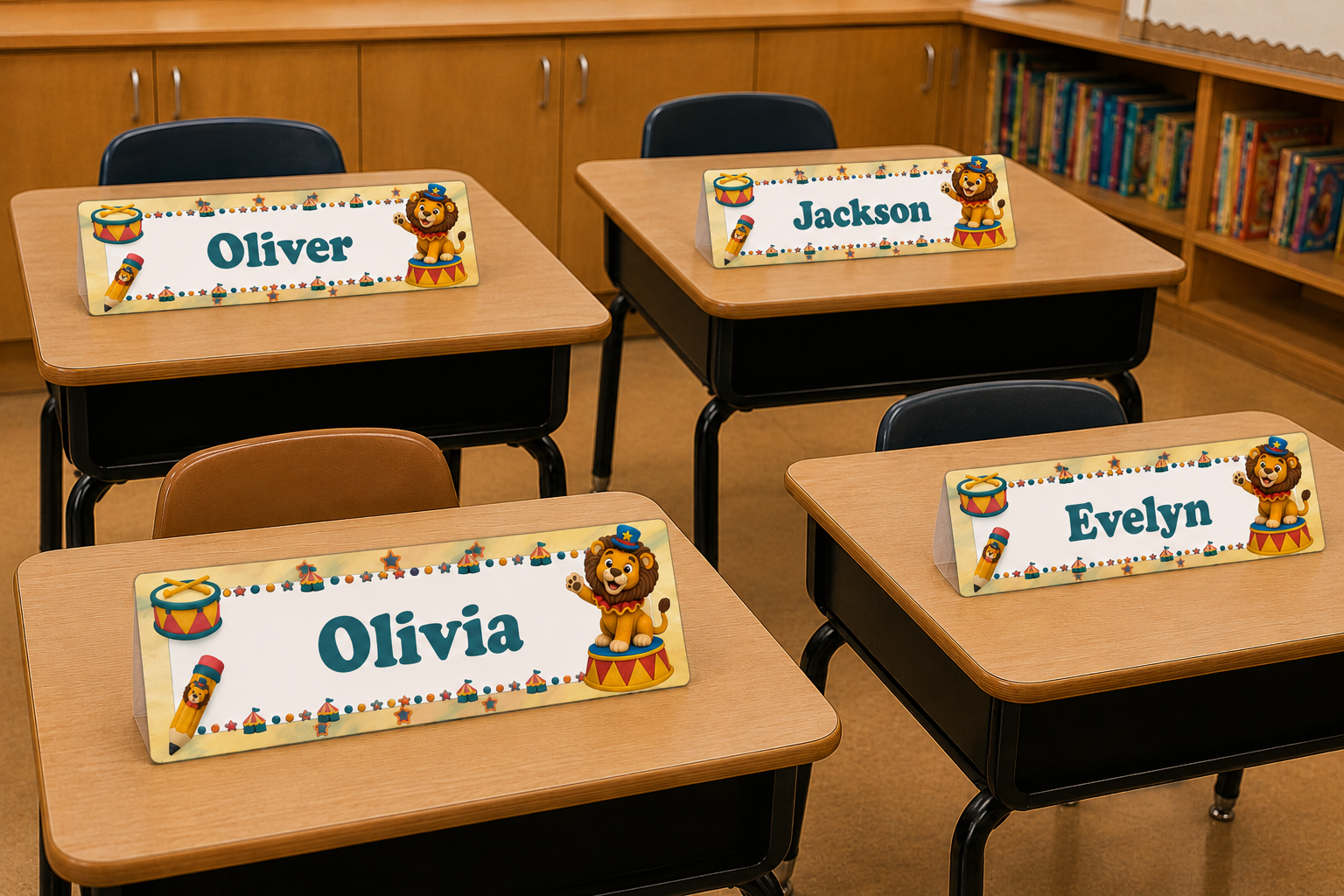 Student desks with coordinated circus-themed personalized name plates